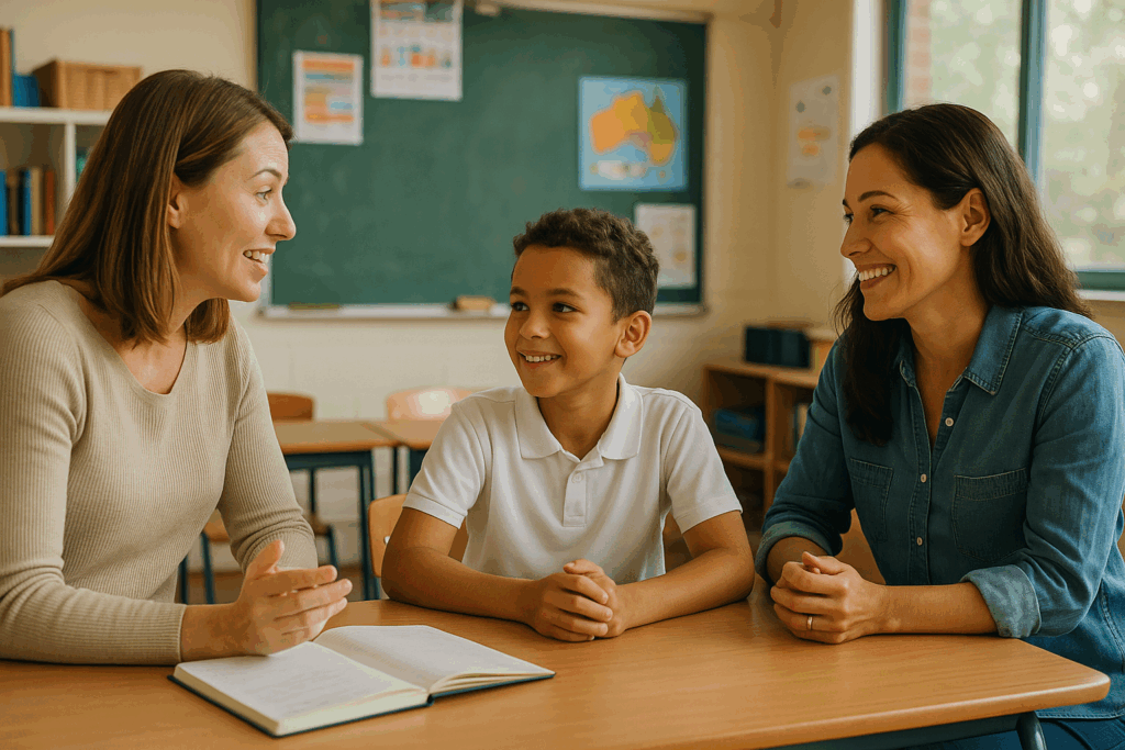 Parent and teacher supporting Australian student’s learning.