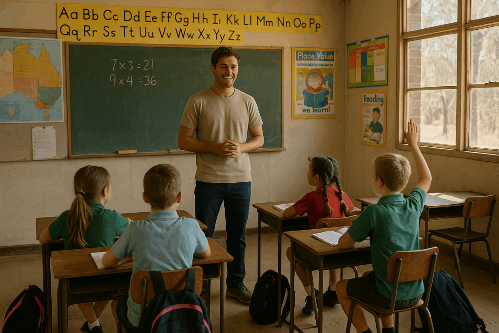 Teacher leading class in rural Australian school