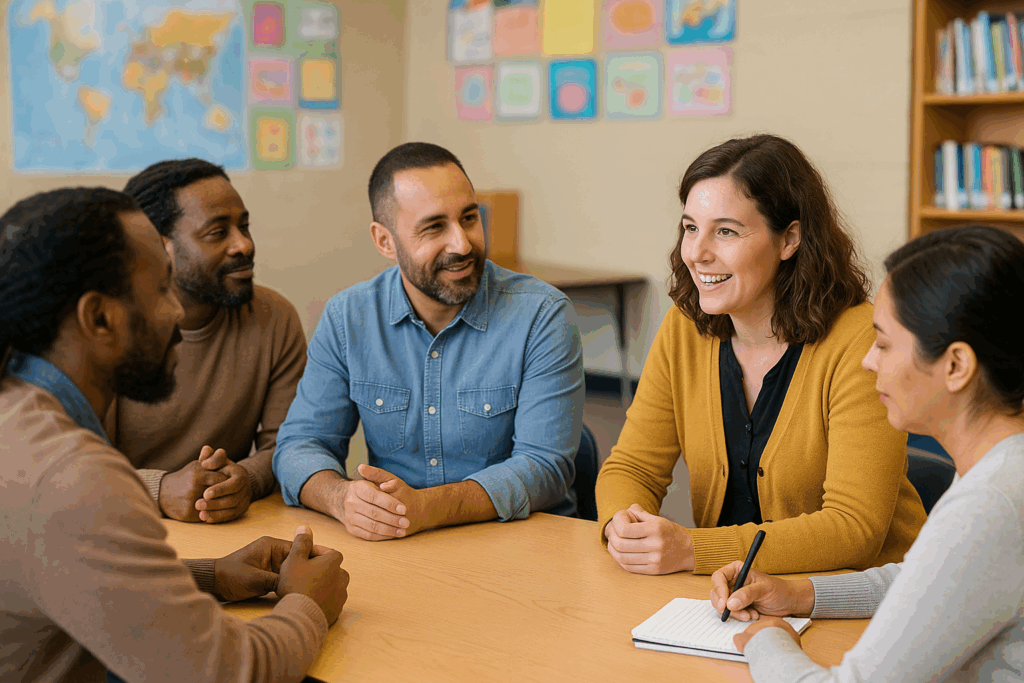 Teacher meeting with diverse parents in classroom
