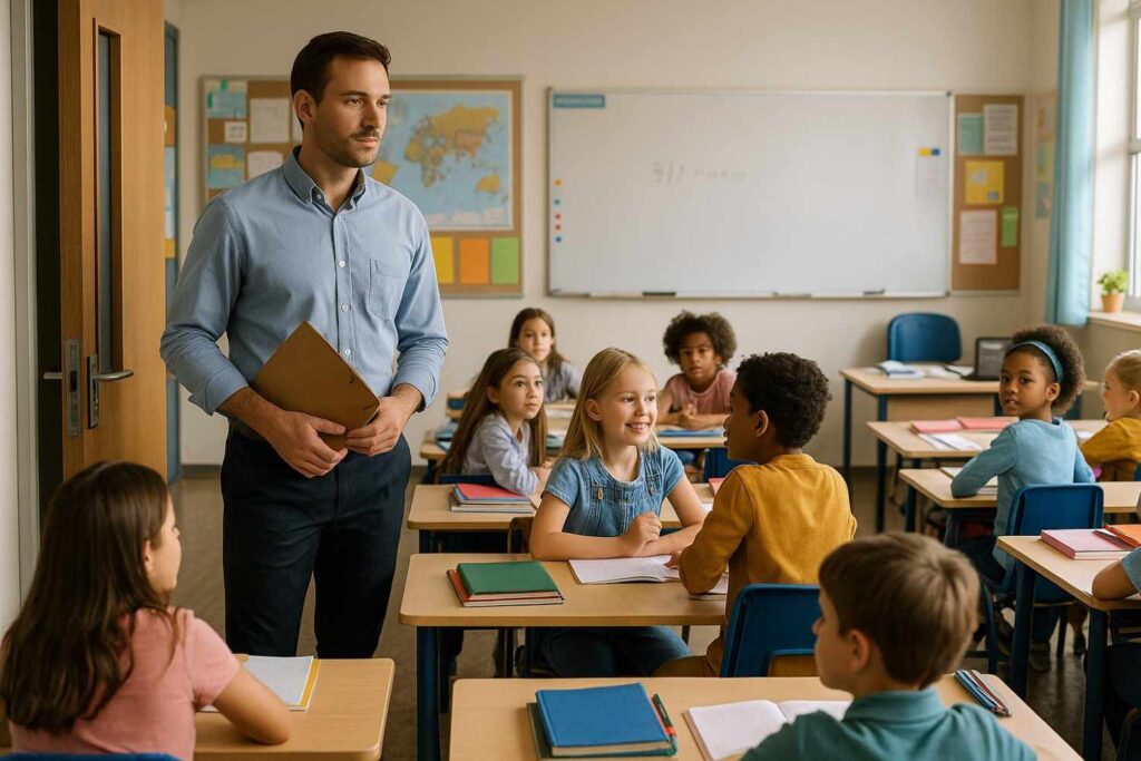 Relief teacher entering a new, busy classroom.